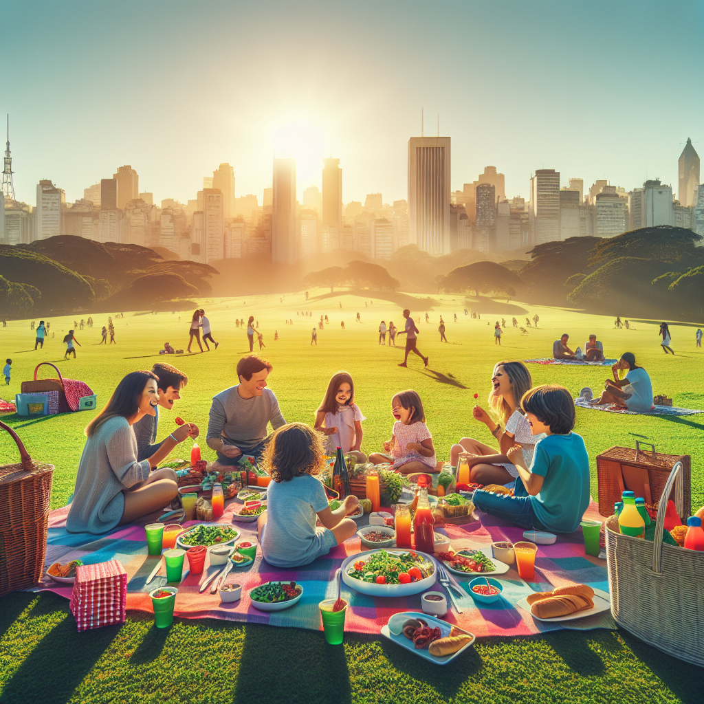 Familie på piknik i en stor, grønn park i Sao Paulo med bysilhuett i bakgrunnen, lekende barn, sollys og fargerike tepper