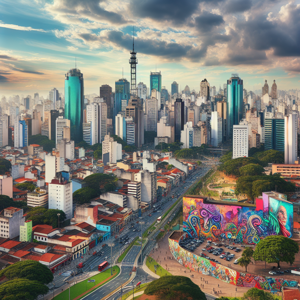 Oversiktsbilde av Sao Paulo: blanding av moderne skyskrapere, fargerik gatekunst i Vila Madalena og en grønn park i forgrunnen, dynamisk og innbydende