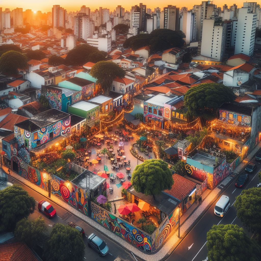 Oversiktsbilde av Sao Paulo med fargerik gatekunst, små parker og intime kafeer i solnedgang, atmosfærisk og innbydende