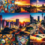 Fargerik collage av Sao Paulo: gatekunst, park, matmarked og natteliv i varmt kveldslys, droneperspektiv, levende folkeliv