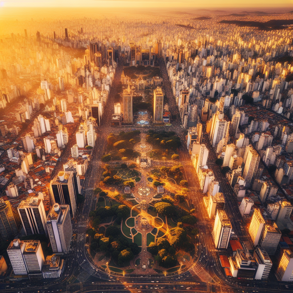 Luftfoto av Sao Paulo med et urbant bylandskap, parker og moderne bygninger i gyldent lys, livlige gater og kulturelle detaljer