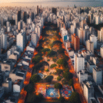 Flyfoto av Sao Paulo med kontrast mellom høye bygninger, grønne parker og gatekunst i Vila Madalena, varmt lys, moderne urbant perspektiv