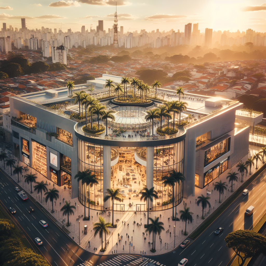 Luftfoto av et moderne kjøpesenter i São Paulo med travle innganger, palmetrær, glassfasade og bysilhuett i bakgrunnen, varm golden hour-lys