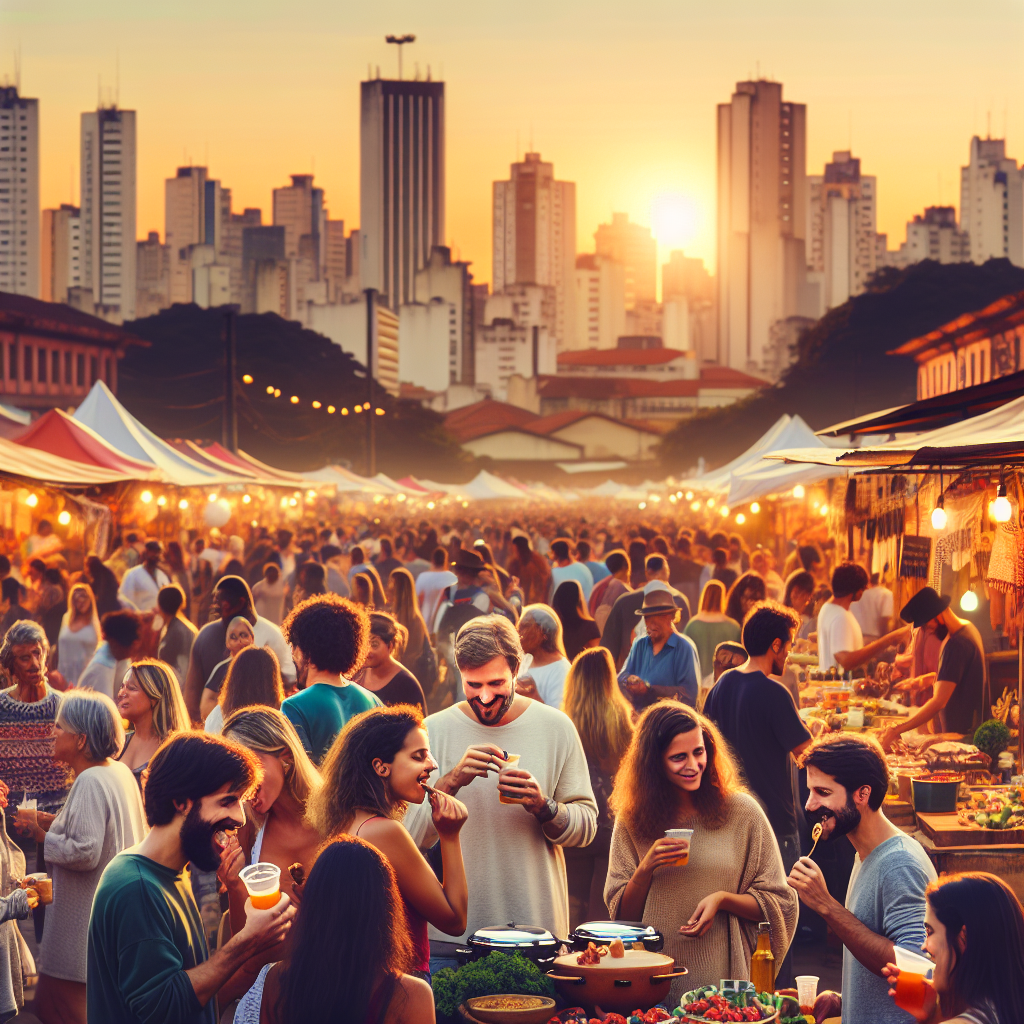 Fargerikt gatemarked i São Paulo med folk som smaker mat, boder med håndverk, varme kveldslys og bysilhuett i bakgrunnen
