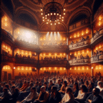 Stemningsbilde av et teaterinteriør i Sao Paulo: en opplyst scene og et variert publikum, varm belysning, arkitektonisk detalj, urban kunstnerisk atmosfære