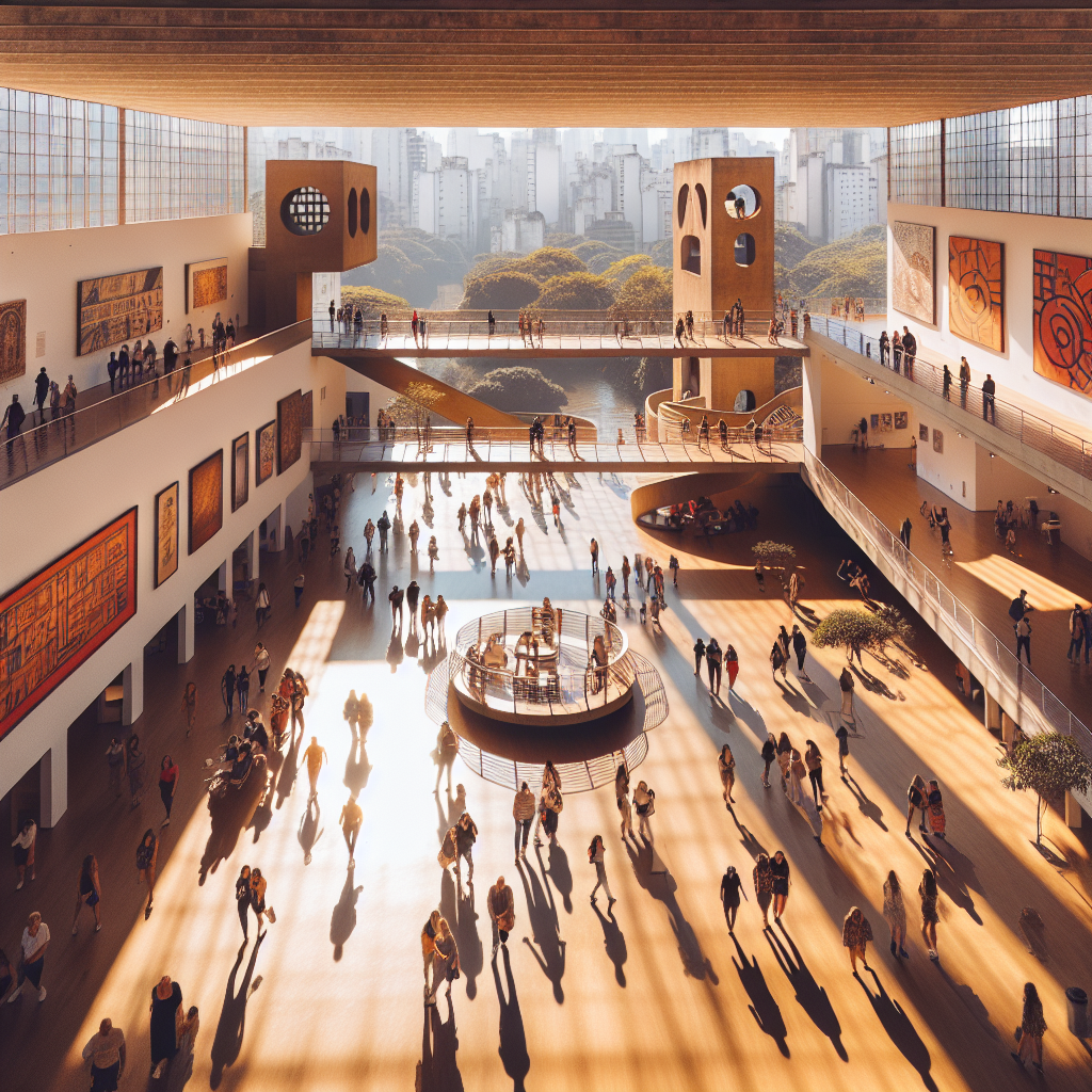 Oversiktsbilde av et moderne museum i São Paulo med sollys, mennesker som utforsker gallerier, brasiliansk urban bakgrunn, varme farger og kunstverk på veggene