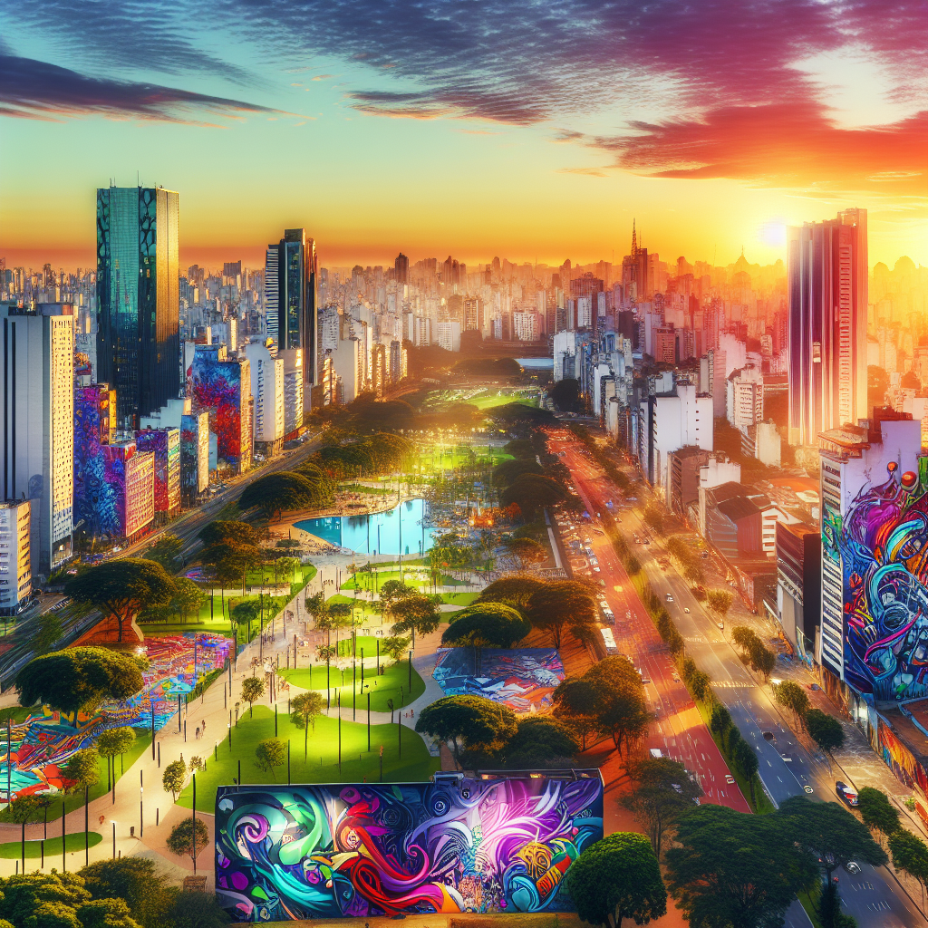 Fargerikt bybilde av Sao Paulo med blanding av høyhus, gatekunst og grønne parker, livlig og moderne stemning ved solnedgang