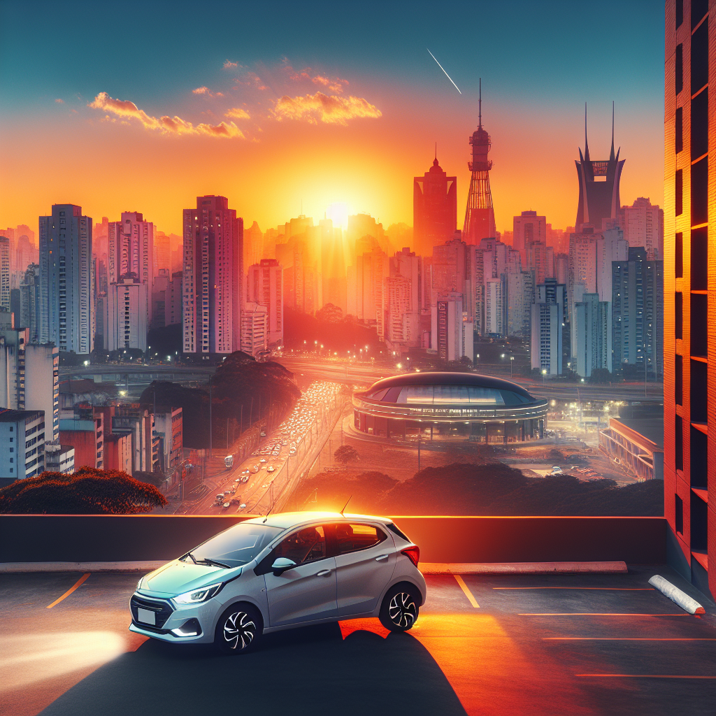 Leiebil parkert med utsikt over São Paulos skyline ved solnedgang, moderne byatmosfære, klare farger, realistisk