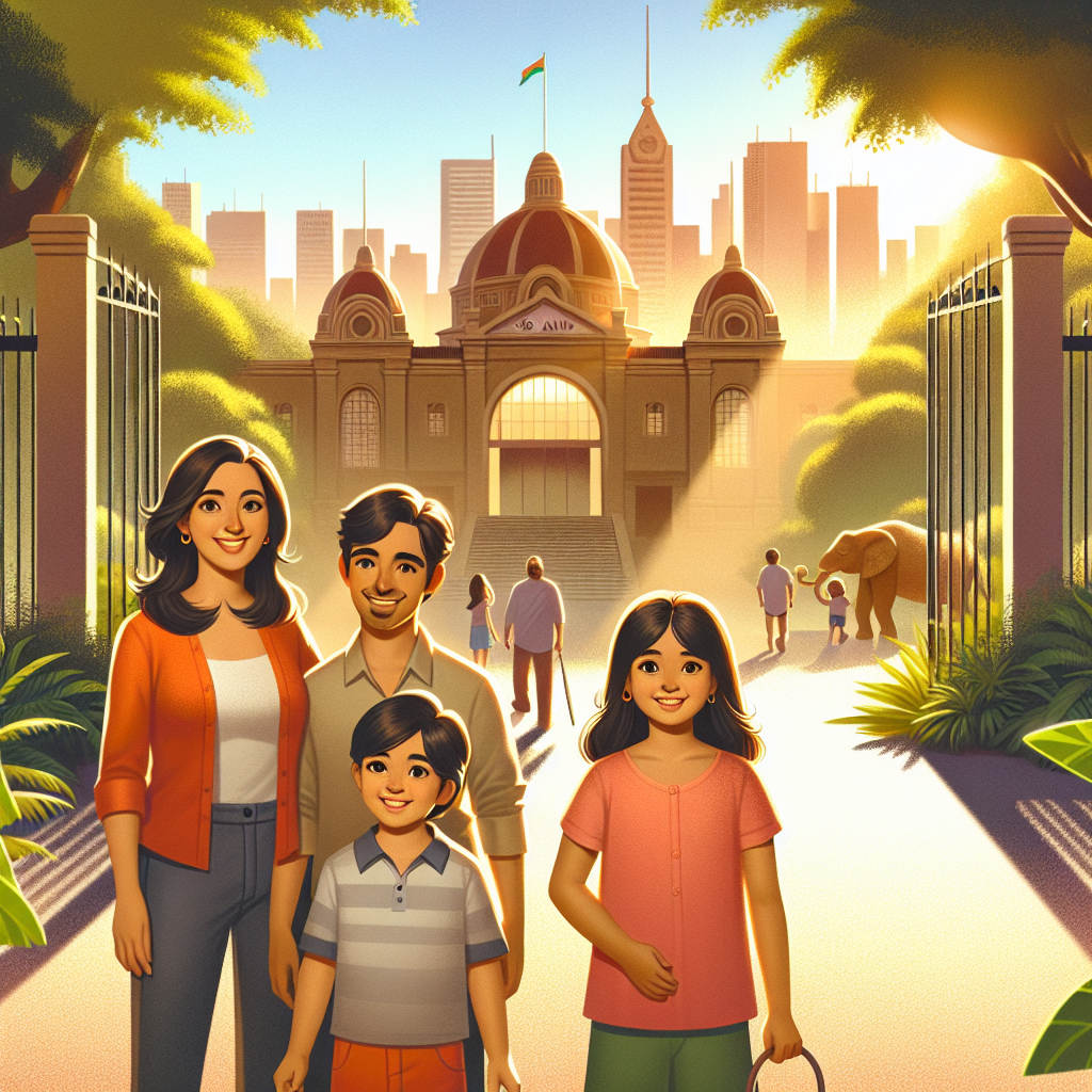 Familie ved inngangen til en stor zoologisk park i São Paulo, sollys, grønt løvverk og bysilhuett i bakgrunnen, varm fotorealistisk stil